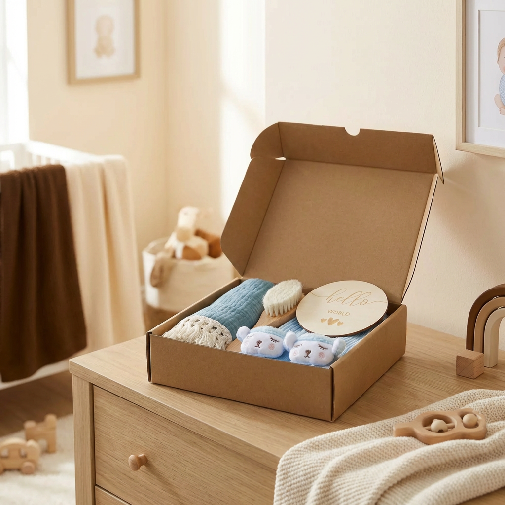 Babyvårdspresentbox – handduk, strumpor eller hårband och badborste för nyfödda