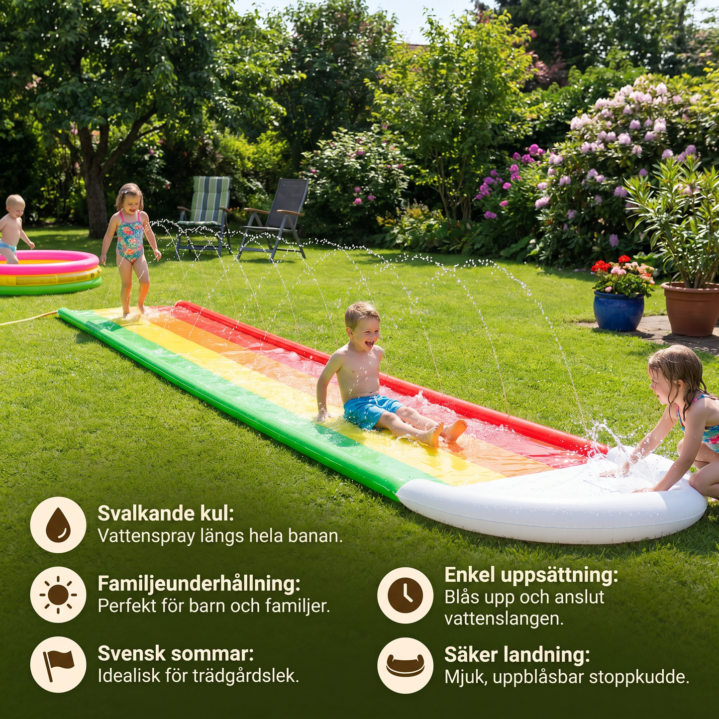 Regenbogens Water Slide – Uppblåsbar Ute-rutschkana för Barn & Familj