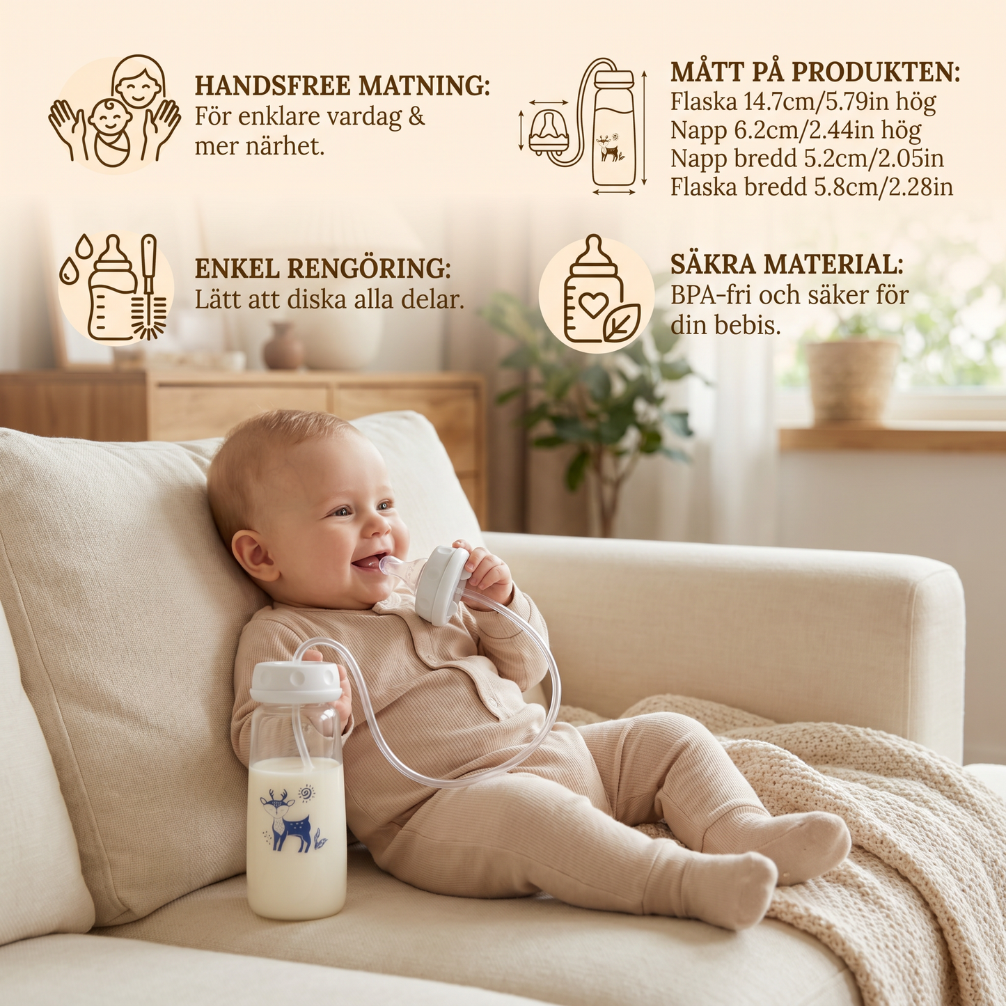 Handsfree nappflaska för matning av baby