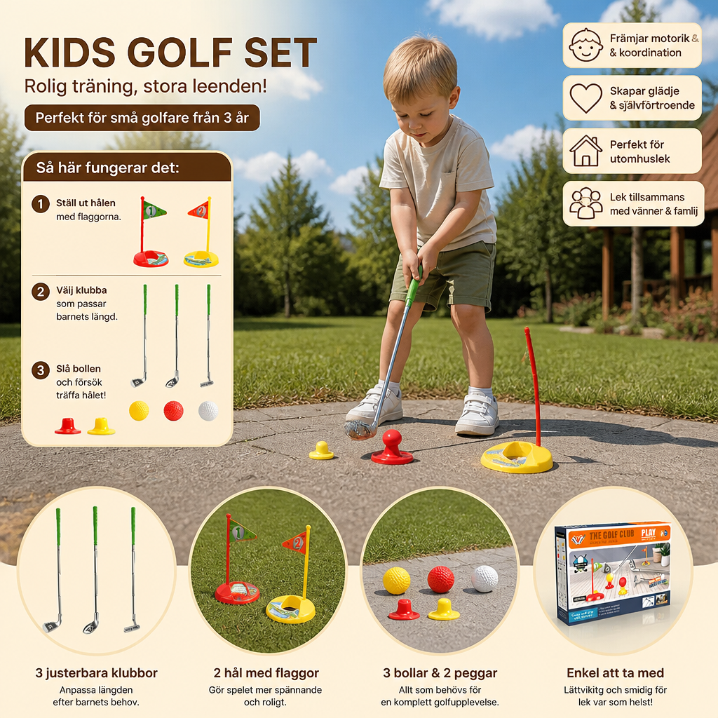 Kids Golf Set med Justerbara Klubbor – Perfekt för Trädgårdslek