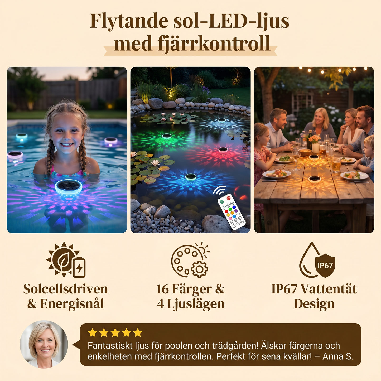 Flytande sol-LED-ljus med fjärrkontroll
