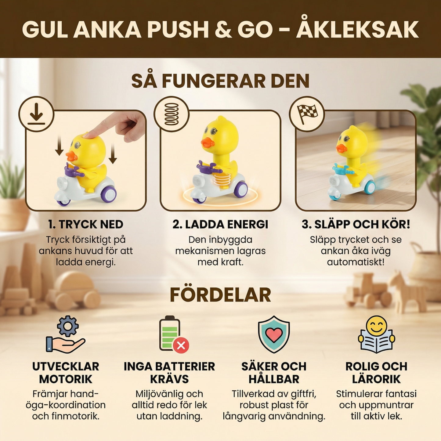 Gul Anka Push & Go – Åkleksak för Barn med Tryck och Kör-Funktion