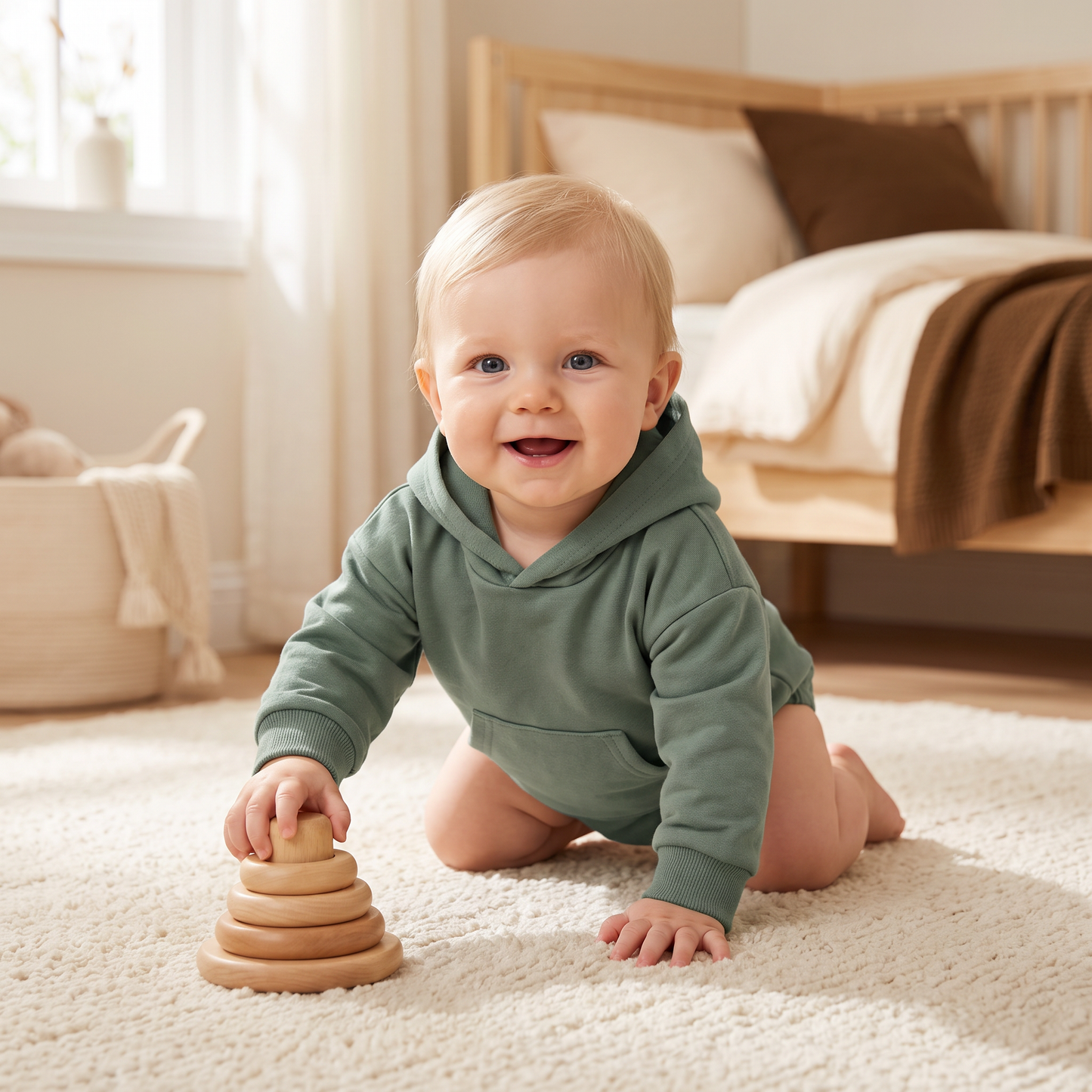 Babyromper med huva – Mjuk långärmad sparkdräkt med framficka