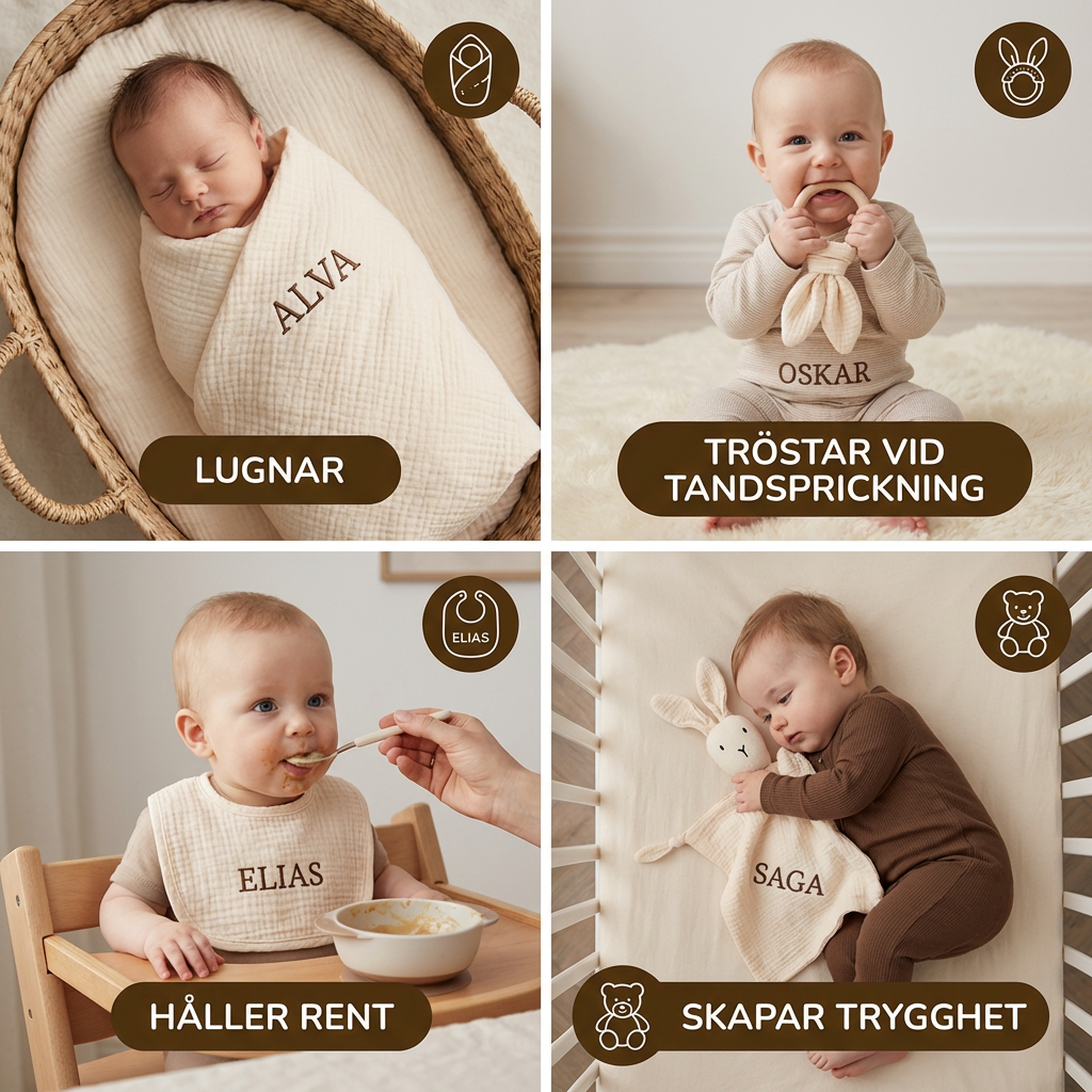 Personligt 4-delars Nyfödd Presentset – Muslin, Bitleksak och Haklapp (100% Bomull)