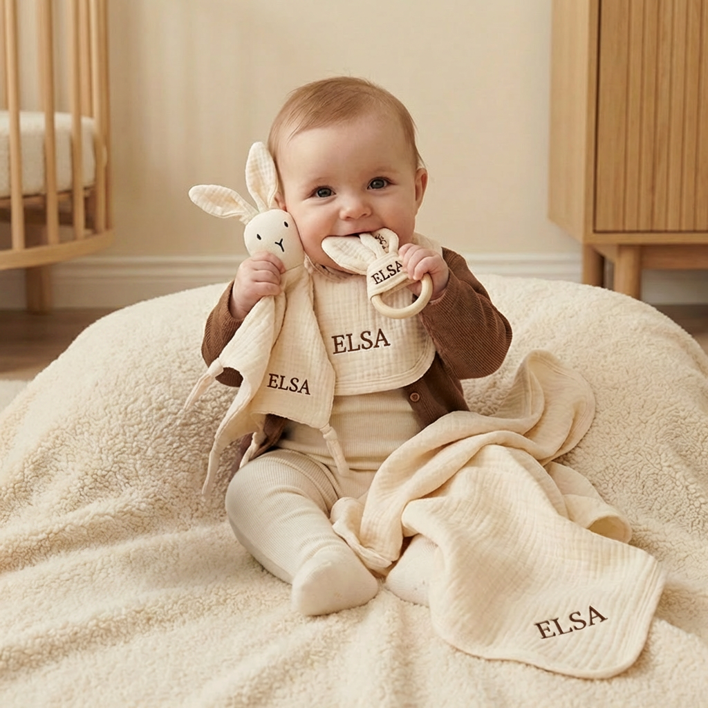 Personligt 4-delars Nyfödd Presentset – Muslin, Bitleksak och Haklapp (100% Bomull)