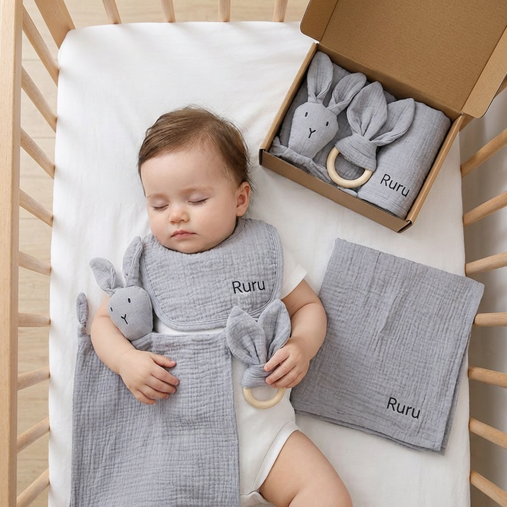Personligt 4-delars Nyfödd Presentset – Muslin, Bitleksak och Haklapp (100% Bomull)