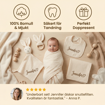 Personligt 4-delars Nyfödd Presentset – Muslin, Bitleksak och Haklapp (100% Bomull)