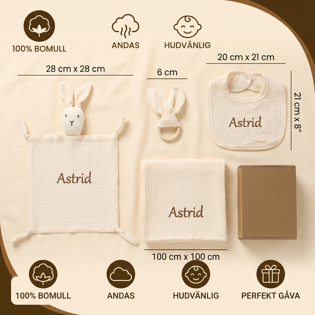 Personligt 4-delars Nyfödd Presentset – Muslin, Bitleksak och Haklapp (100% Bomull)