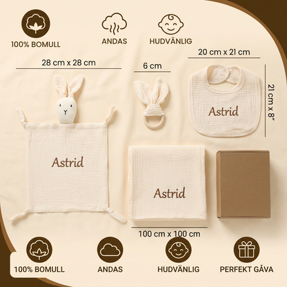 Personligt 4-delars Nyfödd Presentset – Muslin, Bitleksak och Haklapp (100% Bomull)