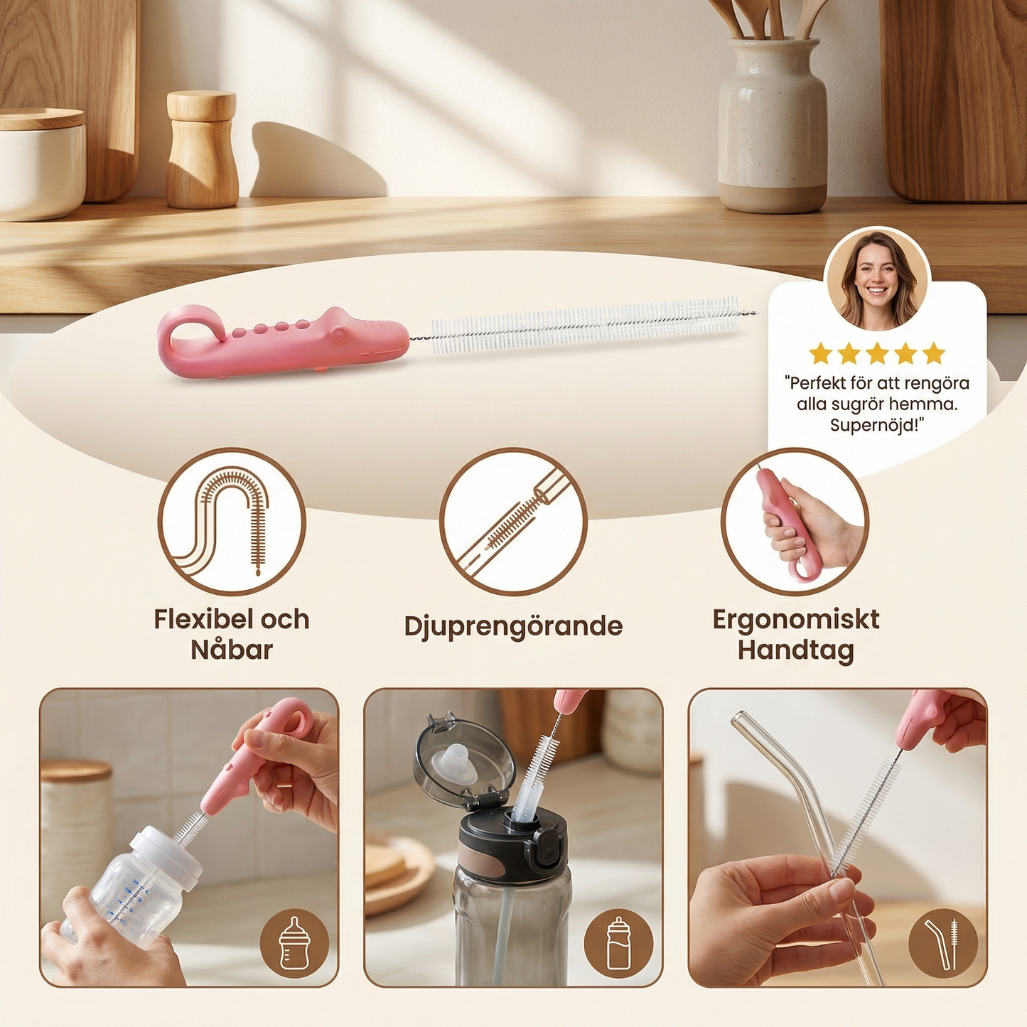 Elastisk Sugerörs‑Rengöringsborste – Lång Rör‑Rengörare för Flaskor, Nappar & Drickmuggar