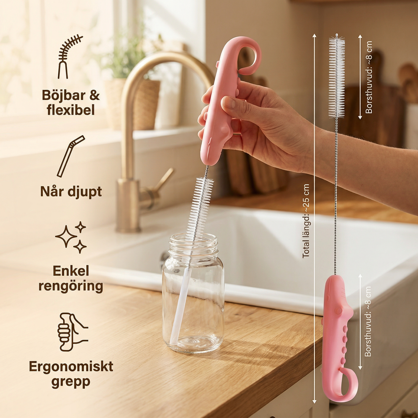 Elastisk Sugerörs‑Rengöringsborste – Lång Rör‑Rengörare för Flaskor, Nappar & Drickmuggar