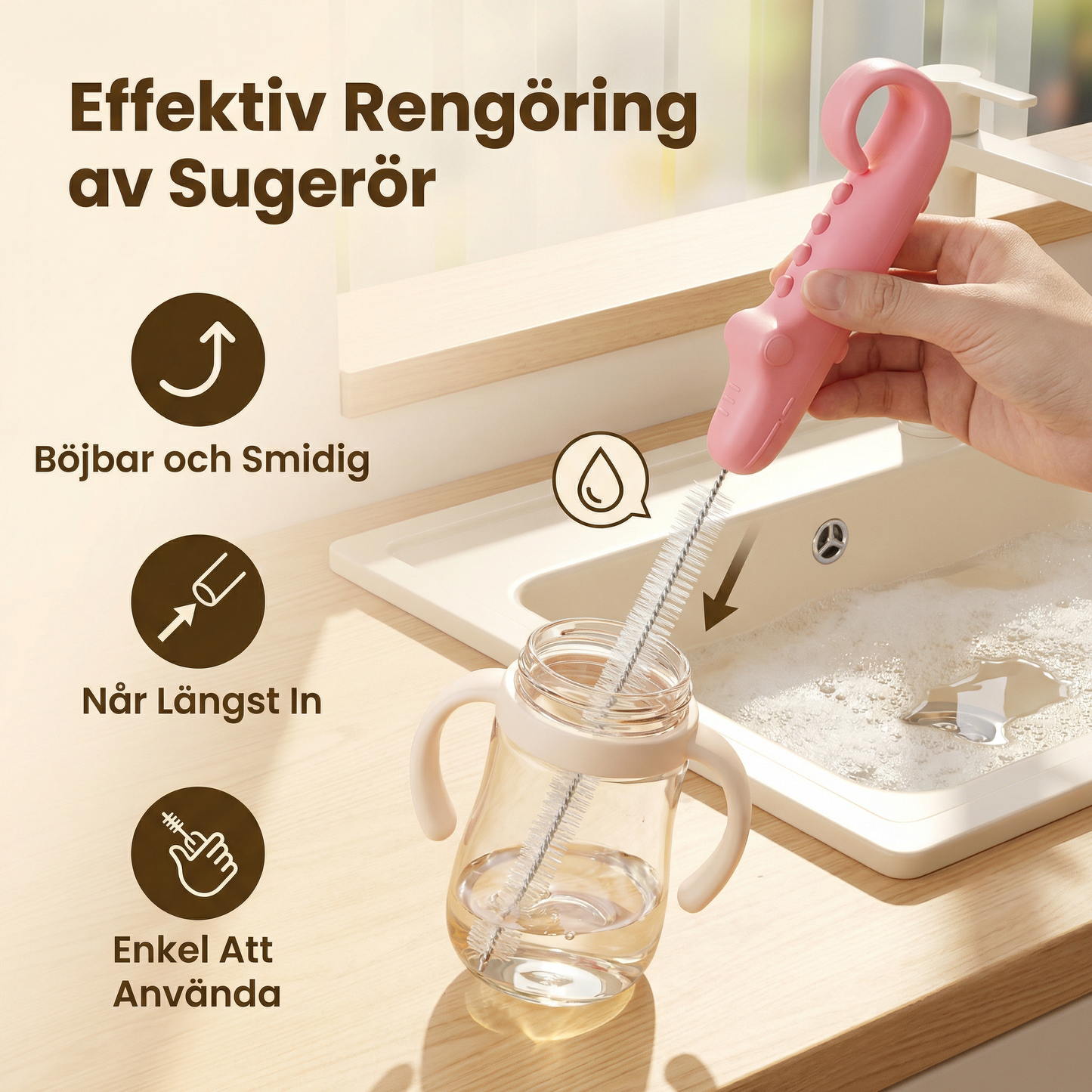 Elastisk Sugerörs‑Rengöringsborste – Lång Rör‑Rengörare för Flaskor, Nappar & Drickmuggar