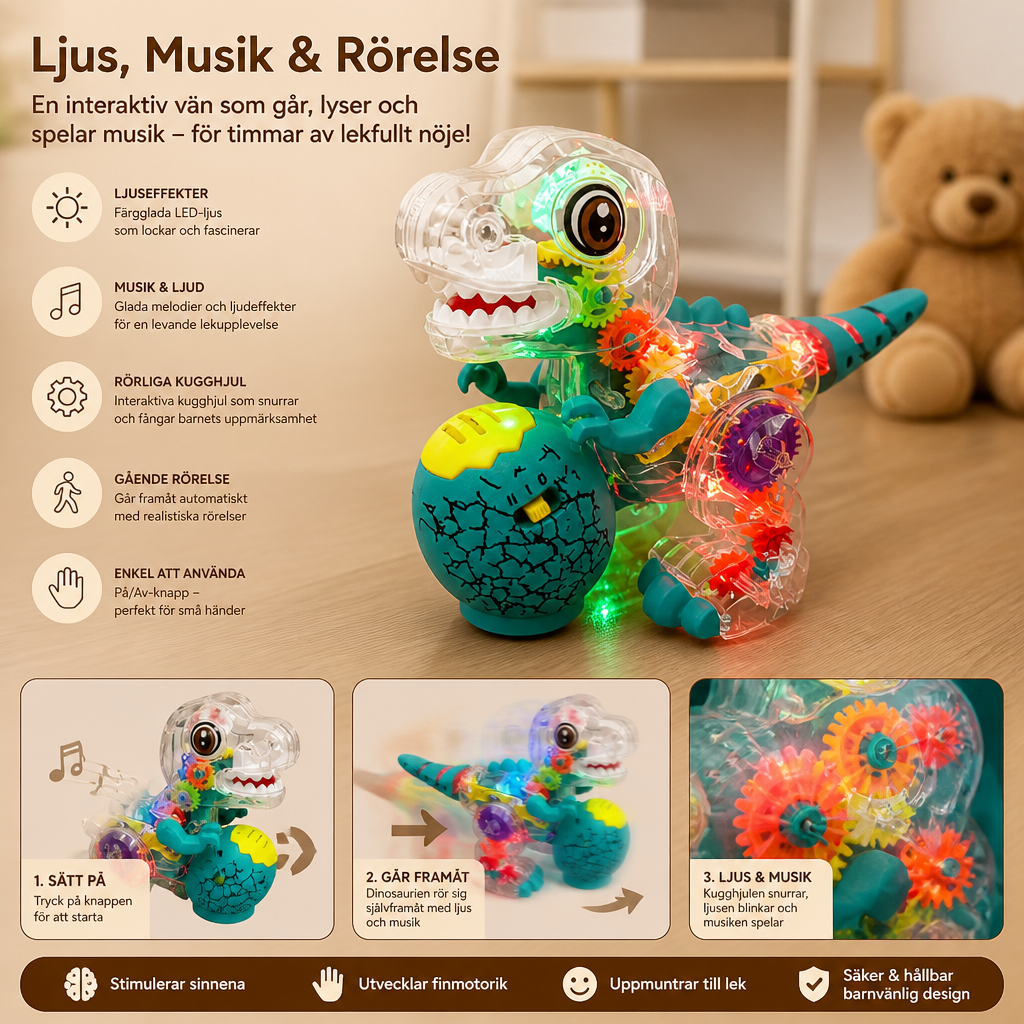 Interaktiv Ljusande Kugghjulsdinosaurie med Musik och Gående Rörelse