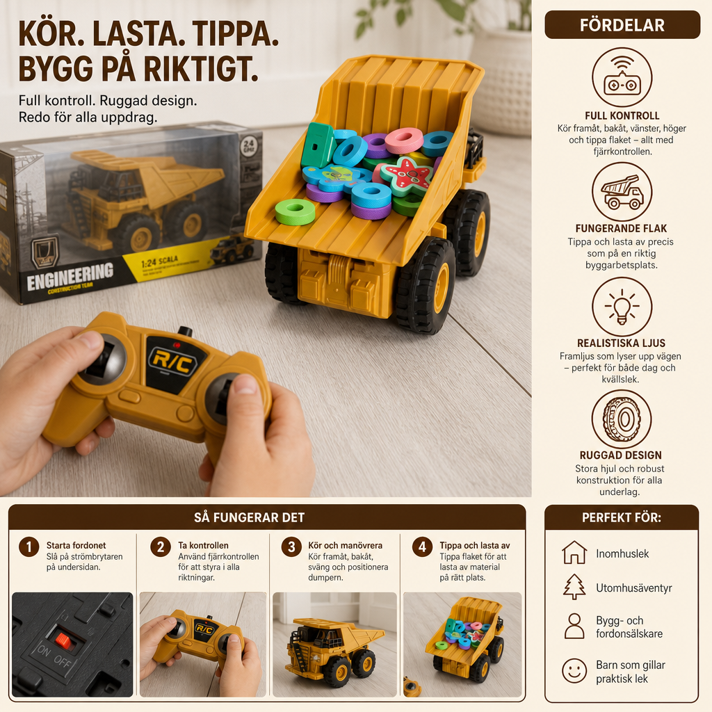Fjärrstyrd Dumper Med Lampor – Leksaksfordon För Byggarbetsplats