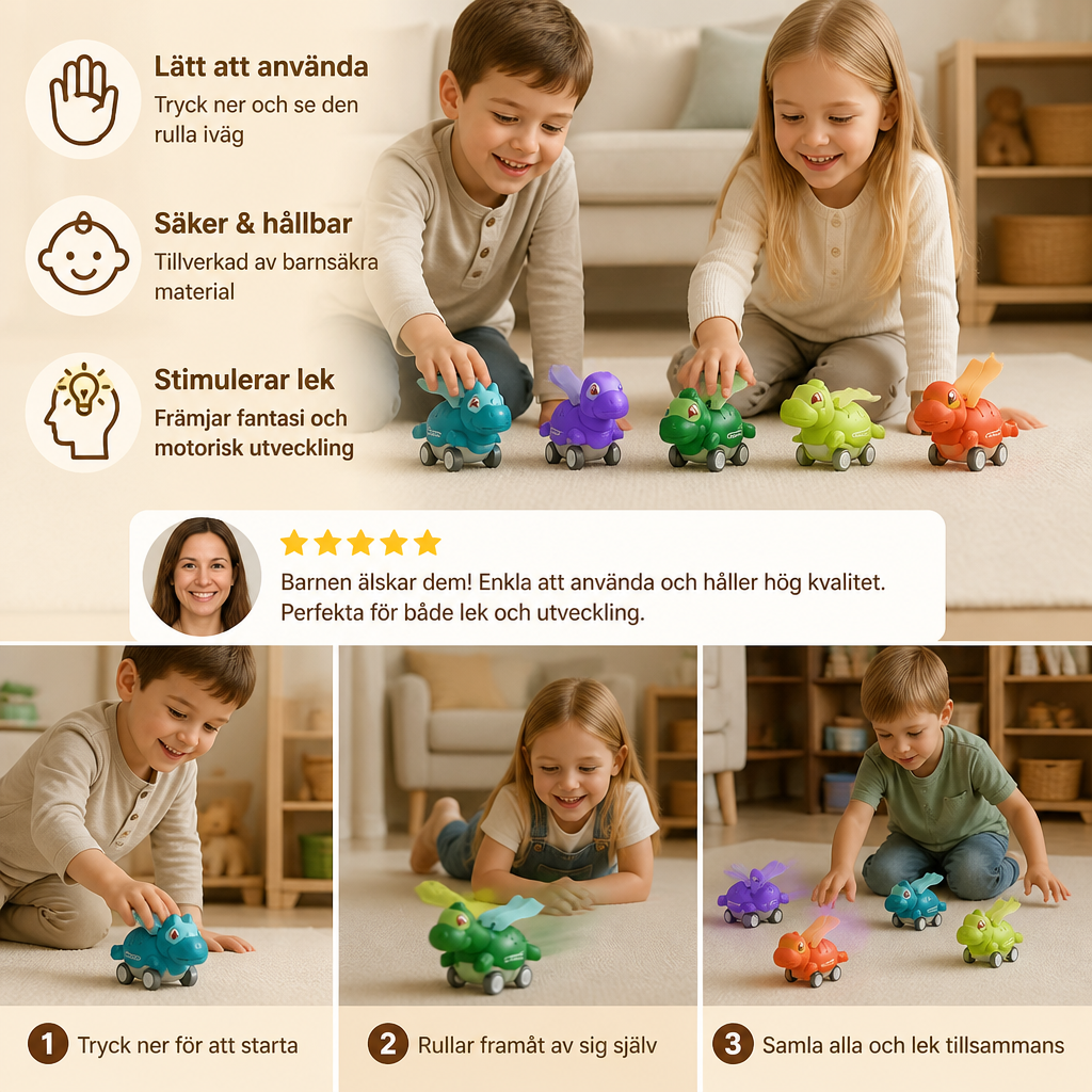 Press & Go Dinosauriebilar – Rullande Dinosaurieleksaker för Barn