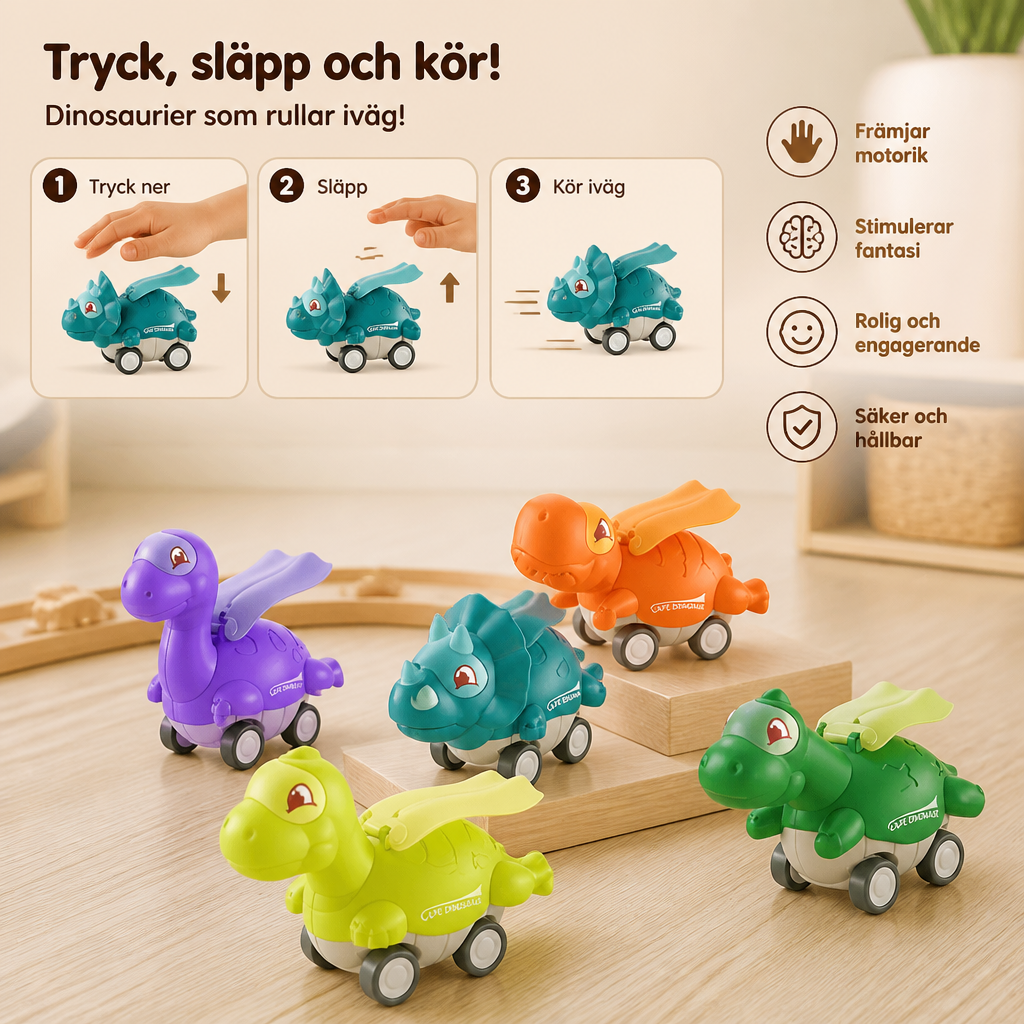 Press & Go Dinosauriebilar – Rullande Dinosaurieleksaker för Barn