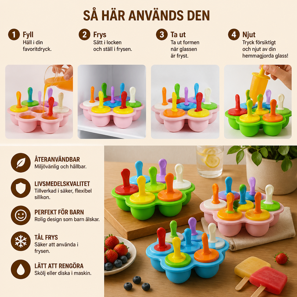 7-delars silikonform för isglass – återanvändbar glassform för barn