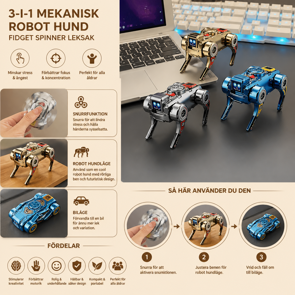 3-i-1 Mekanisk Robothund Fidget Spinner Leksak