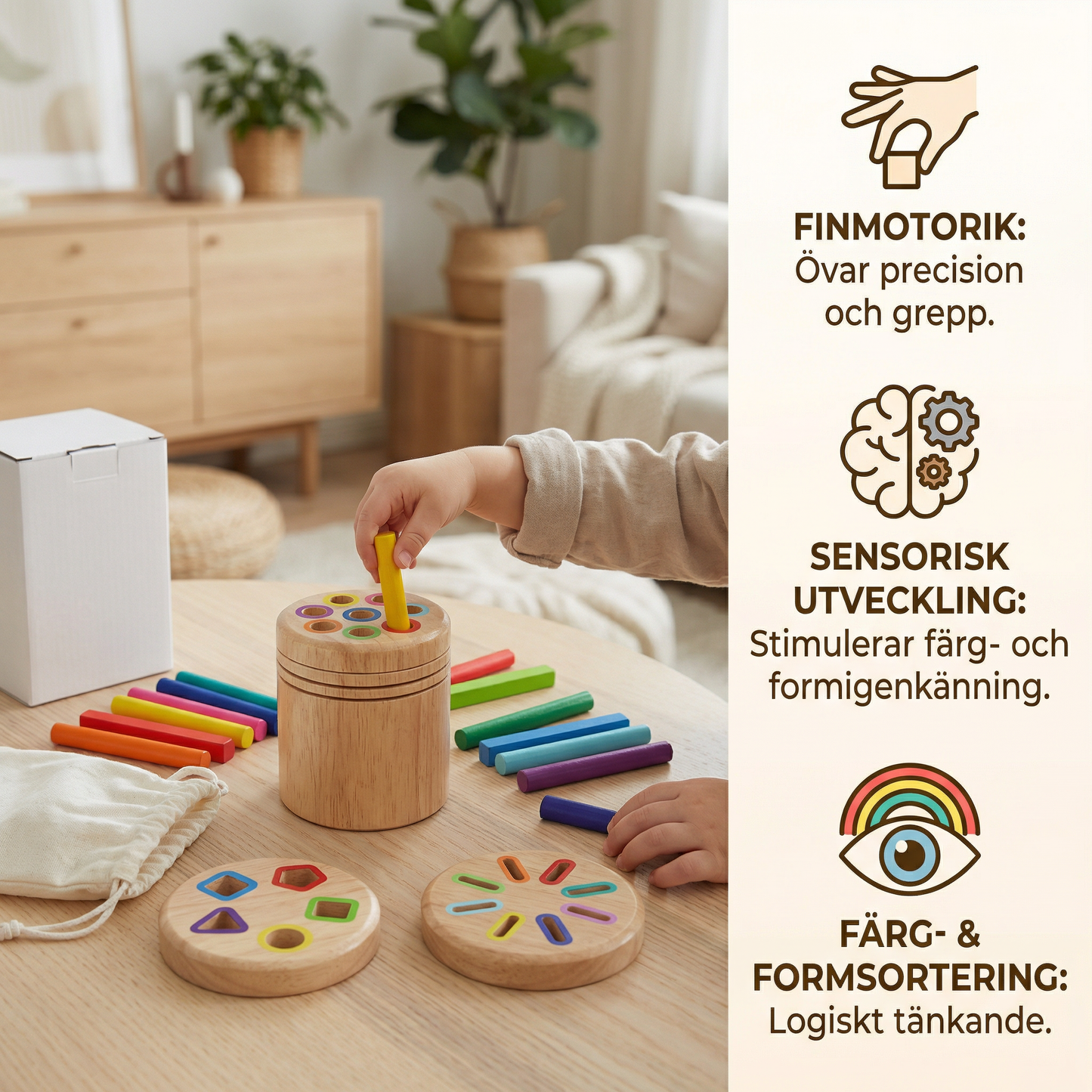 Montessori färg- och formsorteringsspel i trä – pedagogiskt leksak för finmotorik och sensorisk utveckling
