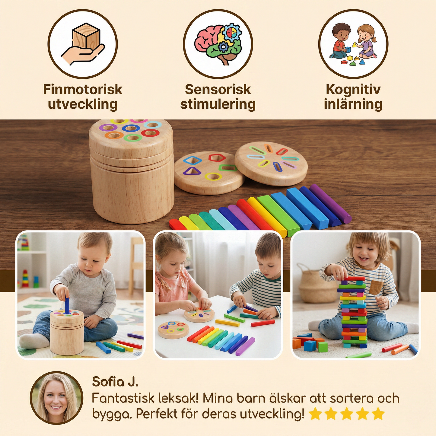 Montessori färg- och formsorteringsspel i trä – pedagogiskt leksak för finmotorik och sensorisk utveckling