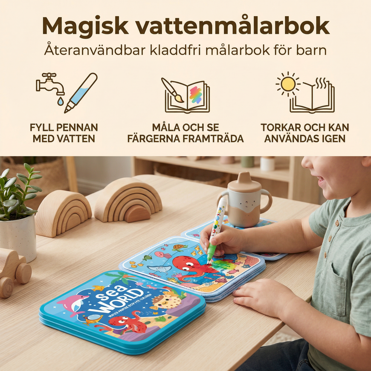 Magisk vattenmålarbok – Återanvändbar kladdfri målarbok för barn