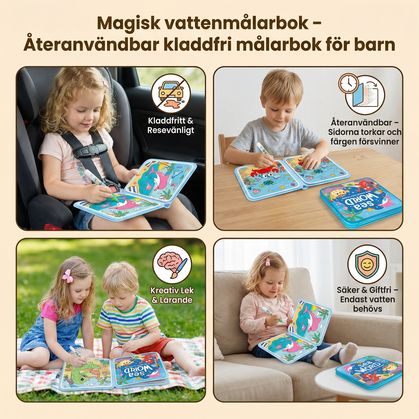 Magisk vattenmålarbok – Återanvändbar kladdfri målarbok för barn