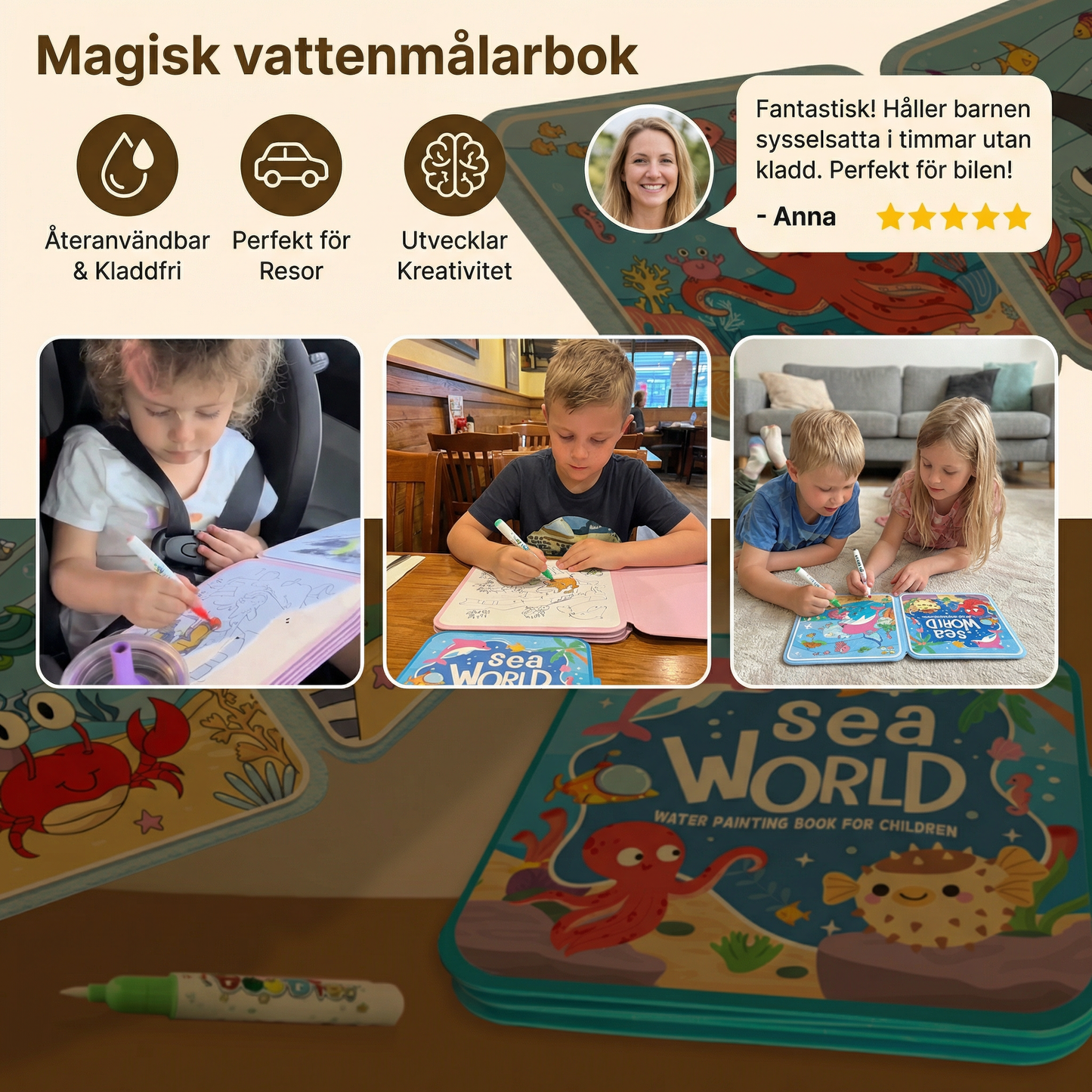 Magisk vattenmålarbok – Återanvändbar kladdfri målarbok för barn
