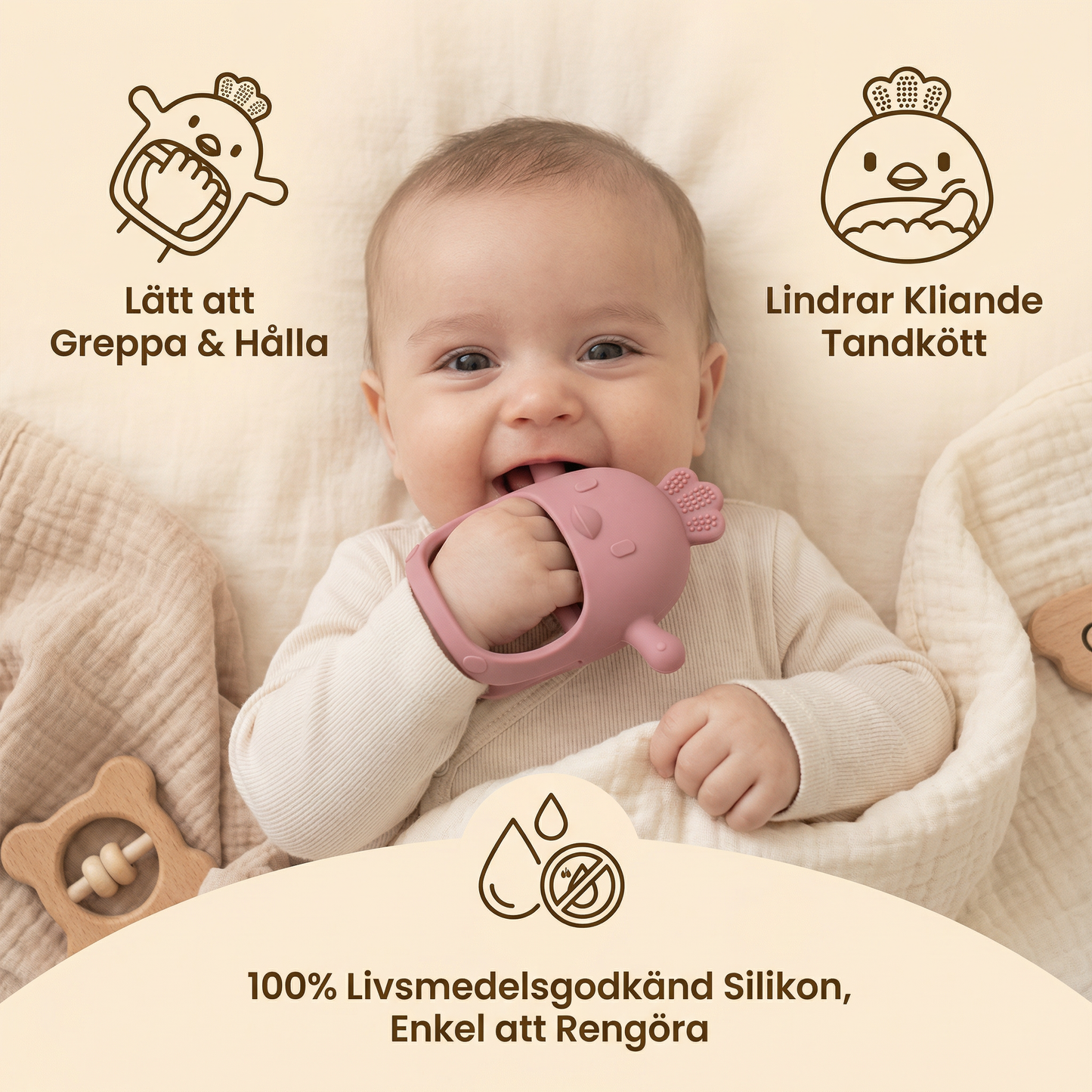 Babykyckling Silikonbitring – Tandningshjälp i livsmedelsgodkänd silikon