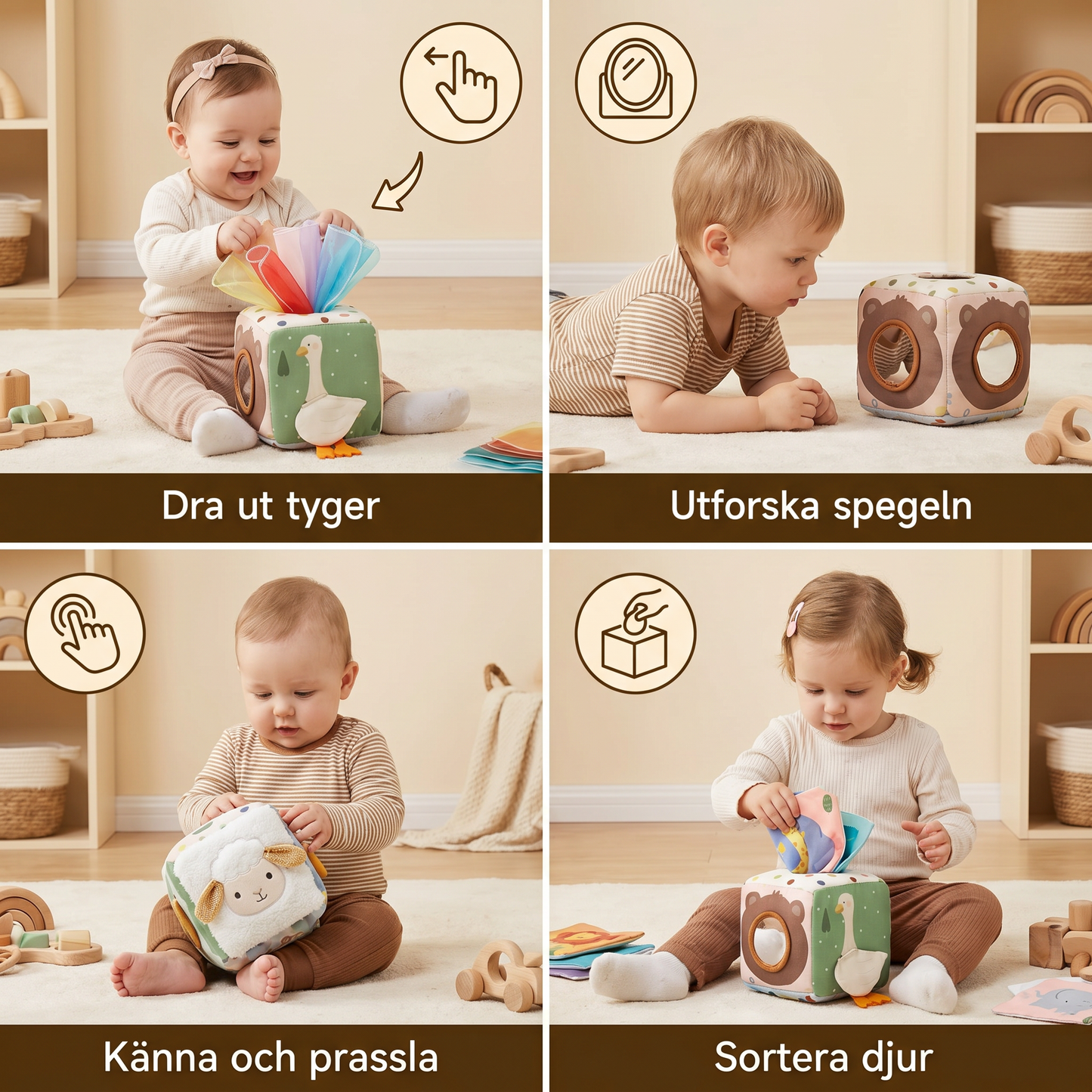 Montessori Sensorisk Näsdukslåda för Bebis – Mjuk Prassla & Taktil Aktivitetsleksak