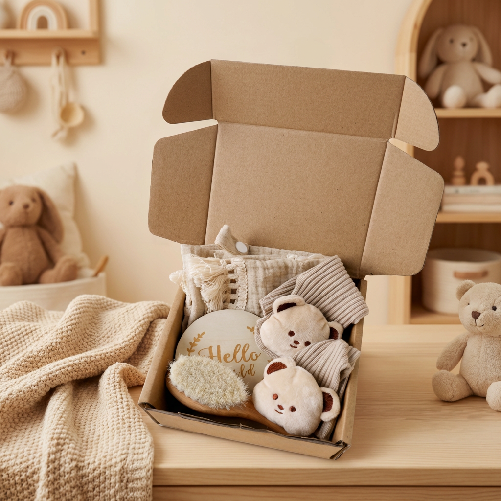 Babyvårdspresentbox – handduk, strumpor eller hårband och badborste för nyfödda
