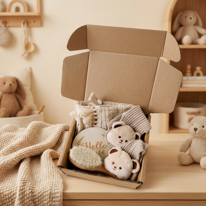 Babyvårdspresentbox – handduk, strumpor eller hårband och badborste för nyfödda