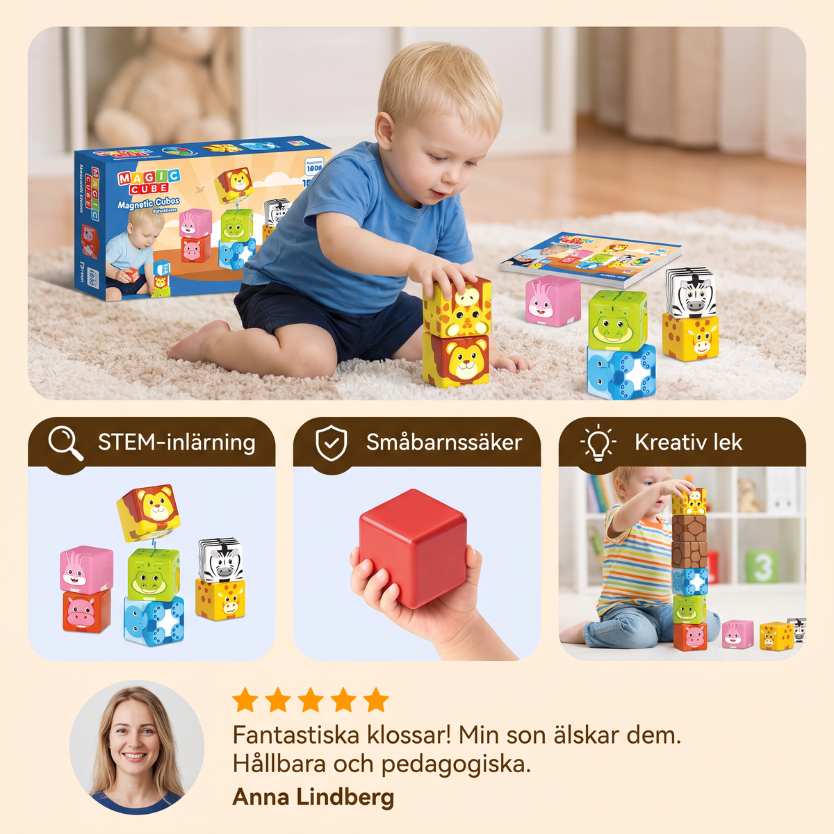 Småbarnssäkra 4,2 cm magnetiska byggkuber med safaridjur – STEM-inlärningsblock