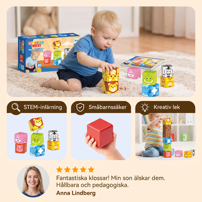 Småbarnssäkra 4,2 cm magnetiska byggkuber med safaridjur – STEM-inlärningsblock