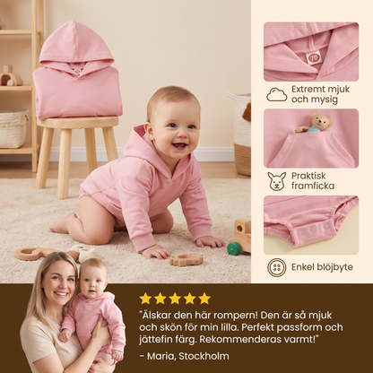 Babyromper med huva – Mjuk långärmad sparkdräkt med framficka