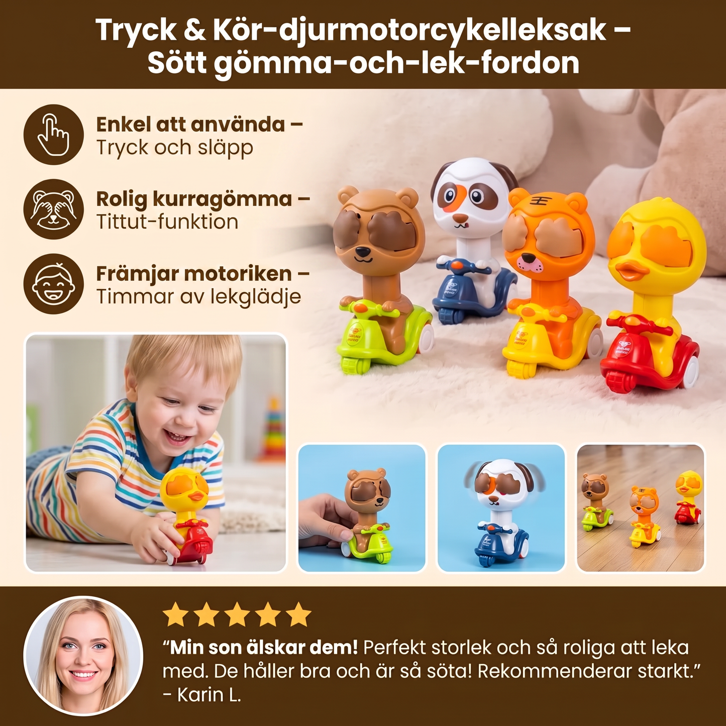 Tryck & Kör-djurmotorcykelleksak – Sött gömma-och-lek-fordon
