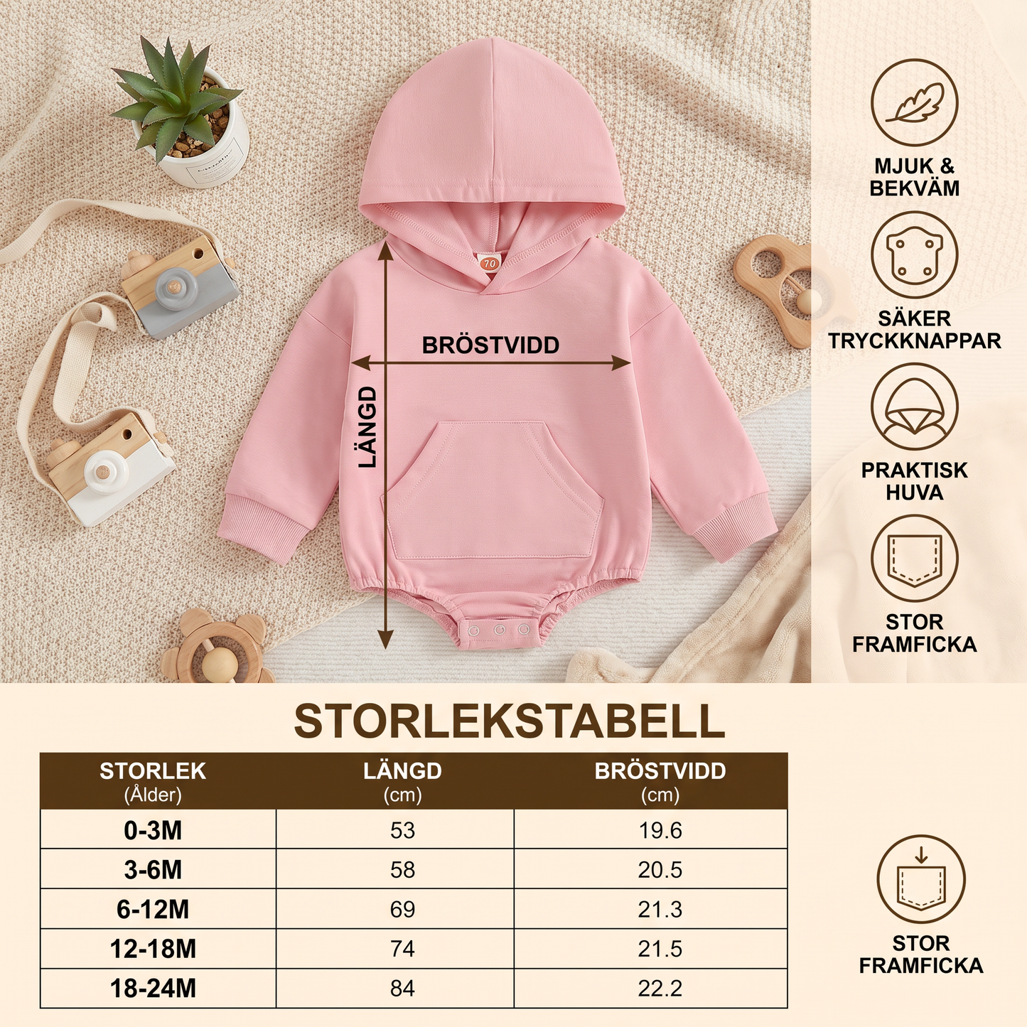 Babyromper med huva – Mjuk långärmad sparkdräkt med framficka