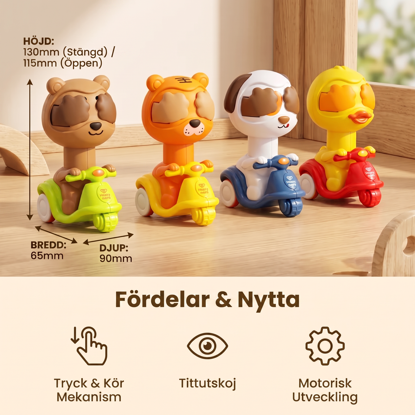 Tryck & Kör-djurmotorcykelleksak – Sött gömma-och-lek-fordon