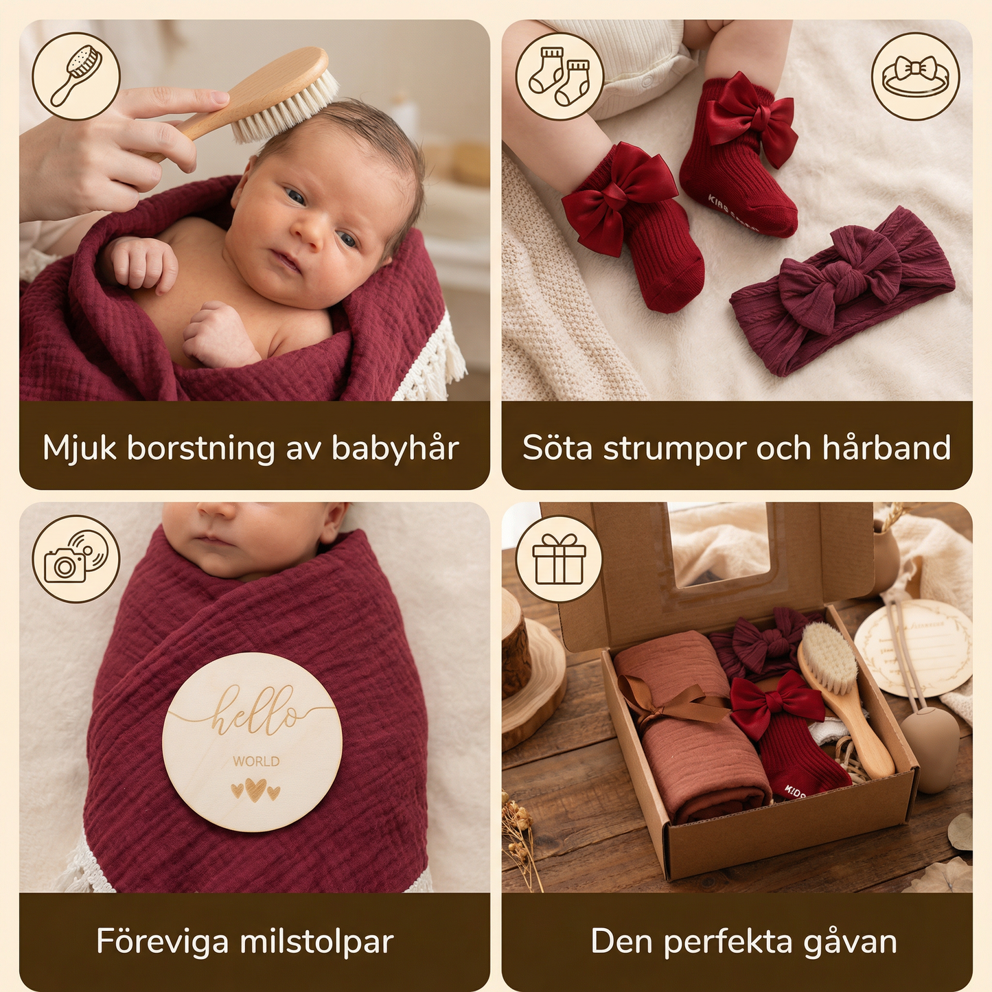 Babyvårdspresentbox – handduk, strumpor eller hårband och badborste för nyfödda