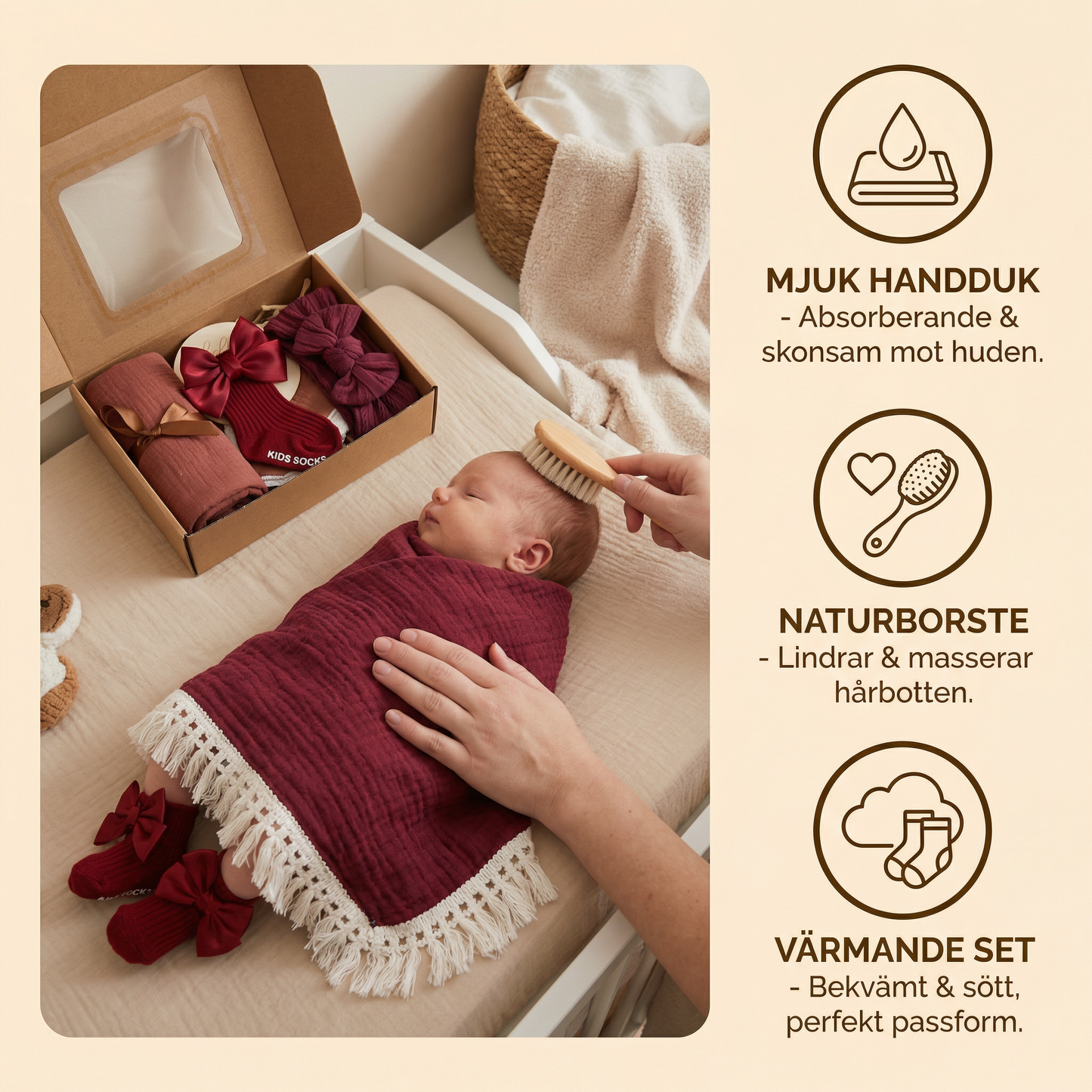 Babyvårdspresentbox – handduk, strumpor eller hårband och badborste för nyfödda
