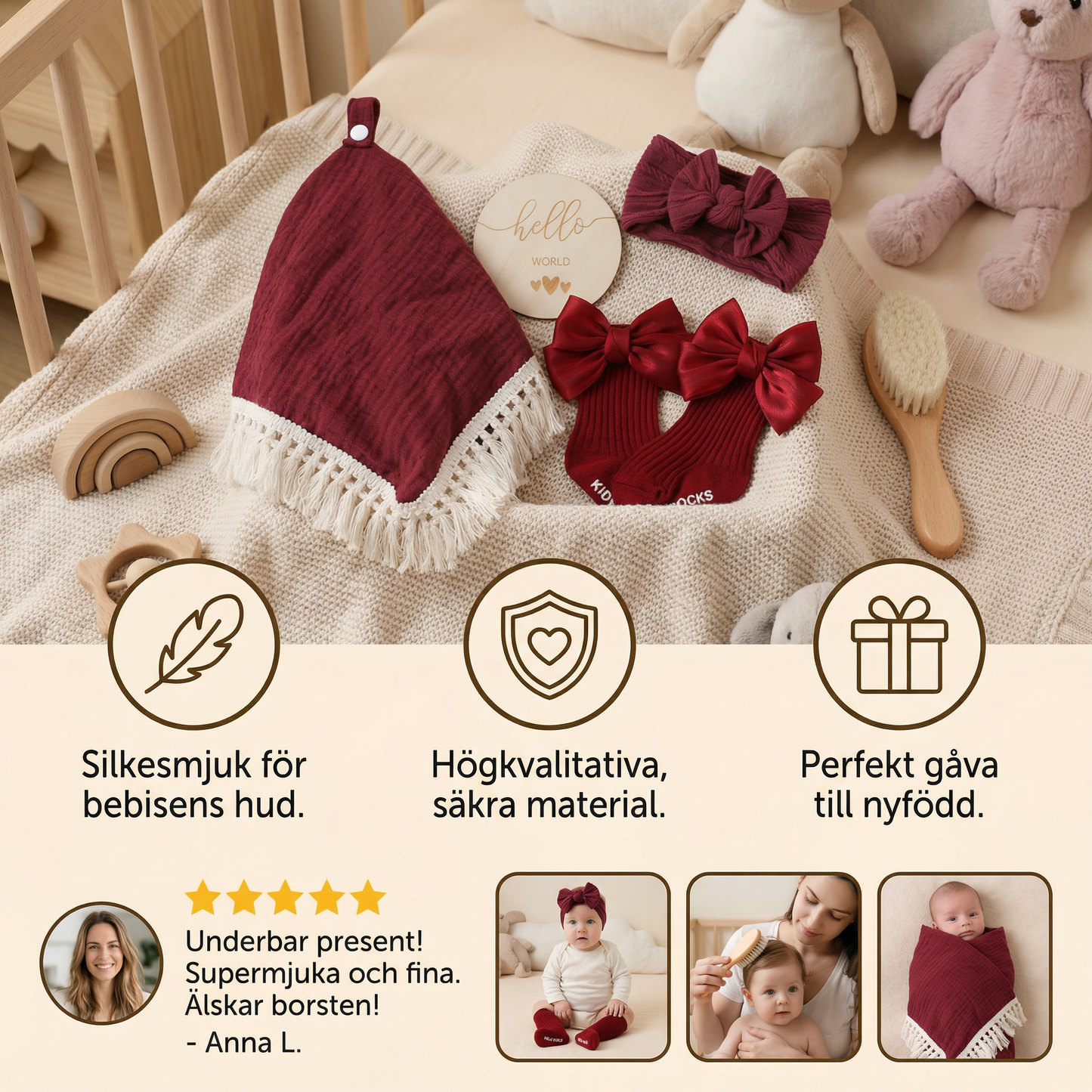 Babyvårdspresentbox – handduk, strumpor eller hårband och badborste för nyfödda