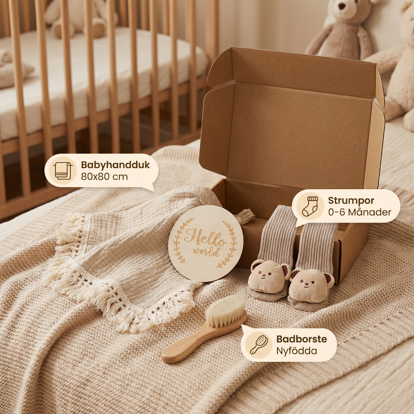 Babyvårdspresentbox – handduk, strumpor eller hårband och badborste för nyfödda
