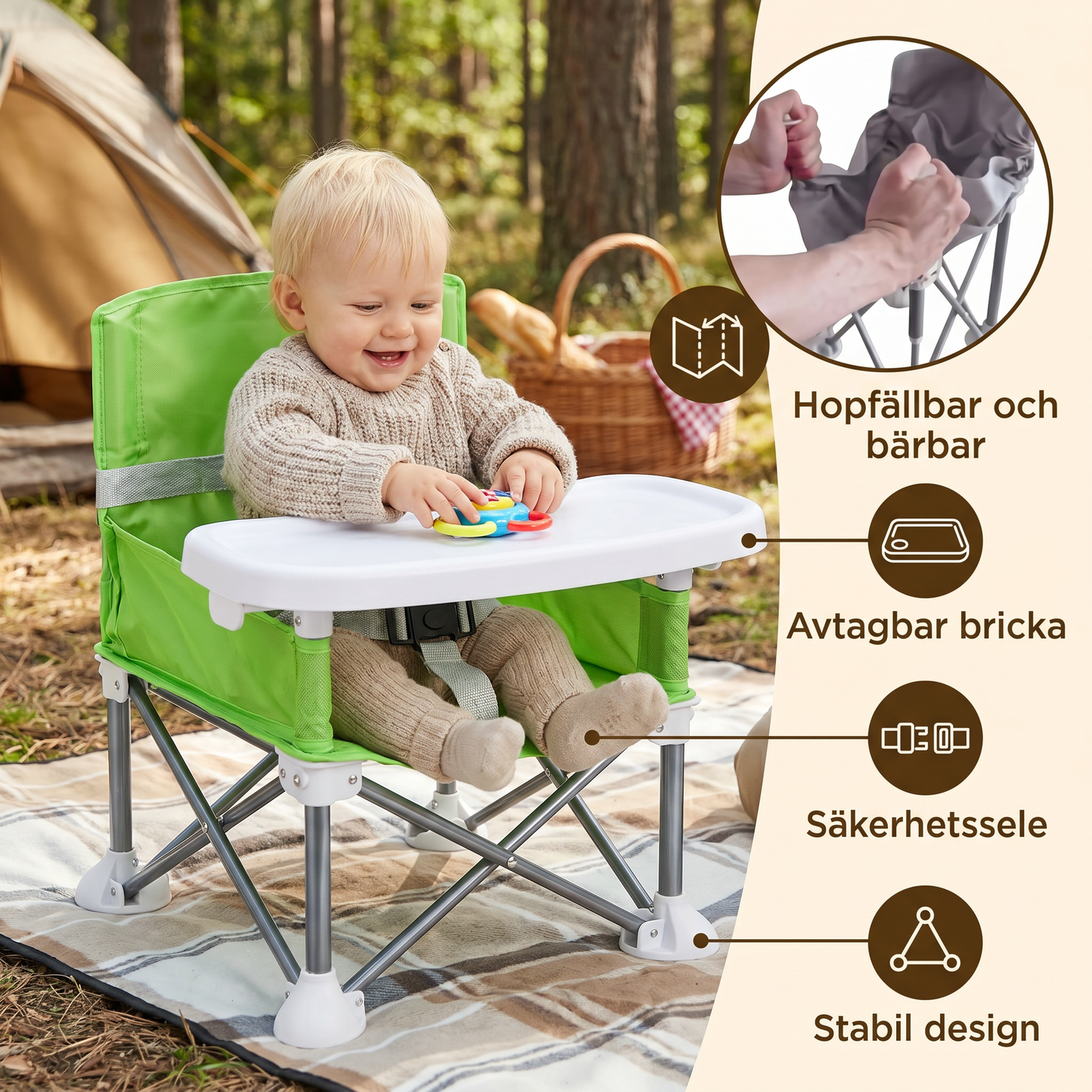 Hopfällbar Babycampingstol med Bricka för Resor