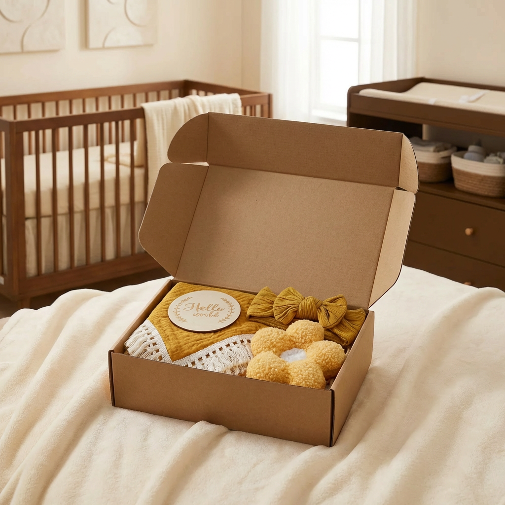 Babyvårdspresentbox – handduk, strumpor eller hårband och badborste för nyfödda