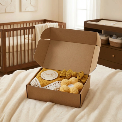 Babyvårdspresentbox – handduk, strumpor eller hårband och badborste för nyfödda