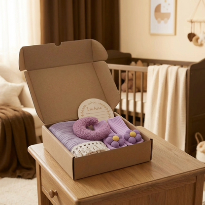 Babyvårdspresentbox – handduk, strumpor eller hårband och badborste för nyfödda