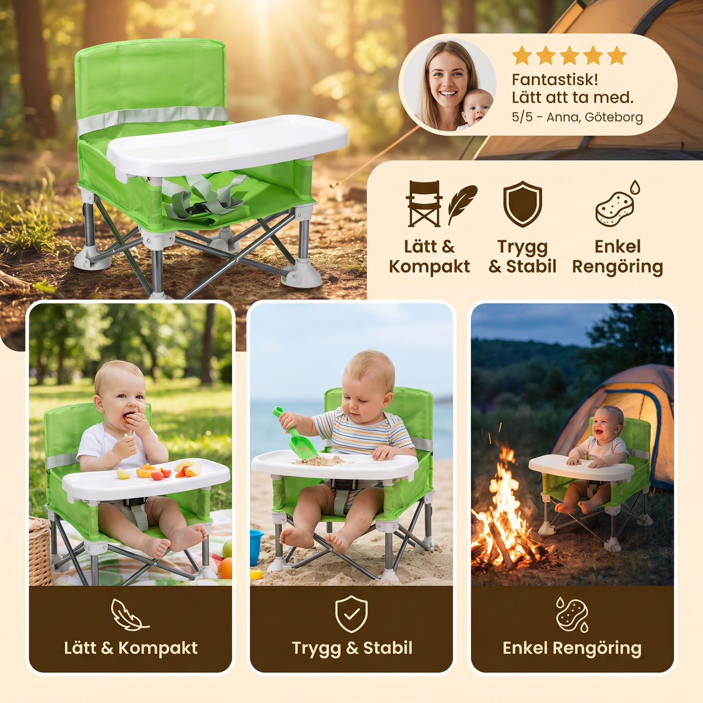 Hopfällbar Babycampingstol med Bricka för Resor