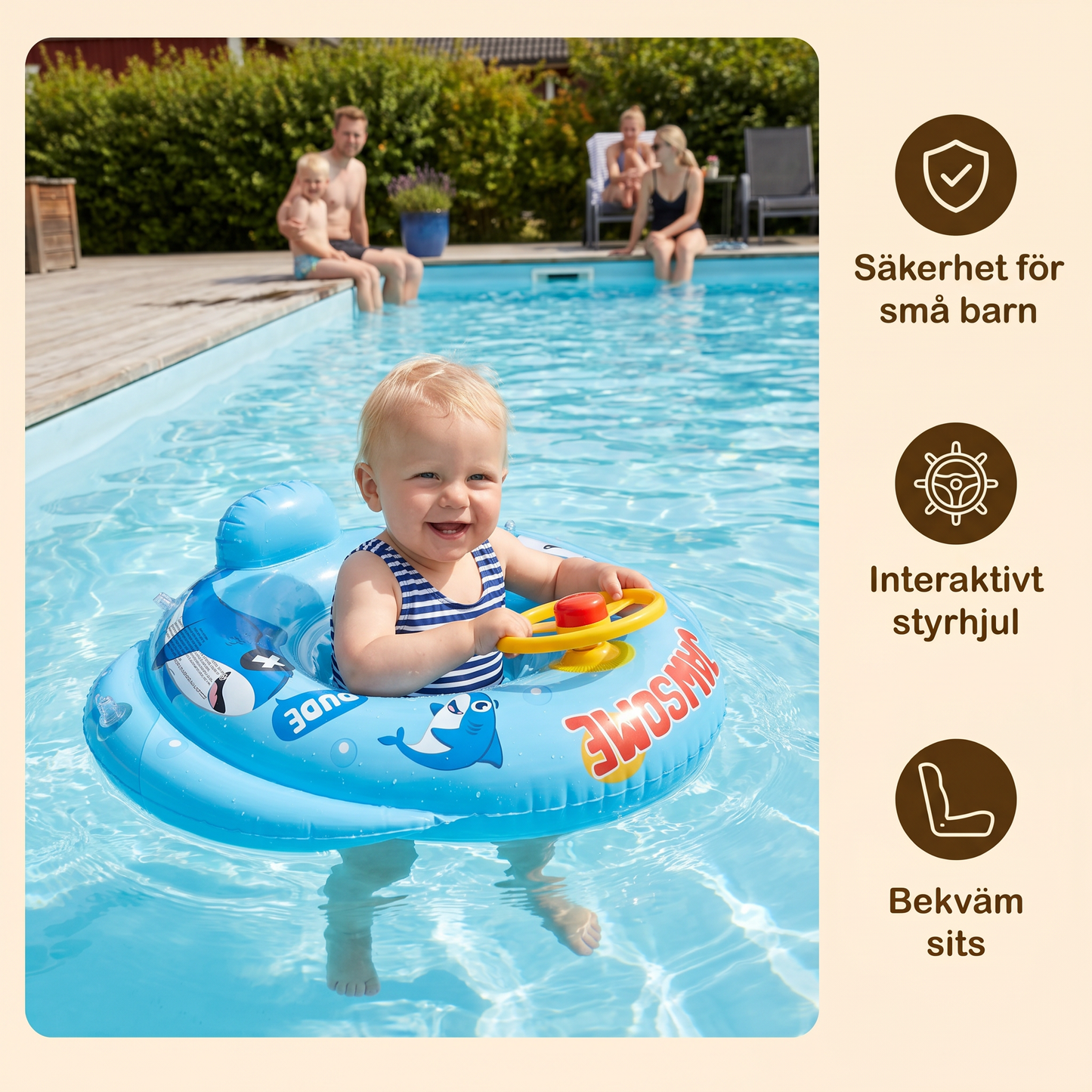 Baby Shark Swimring med Styrhjul för Småbarn