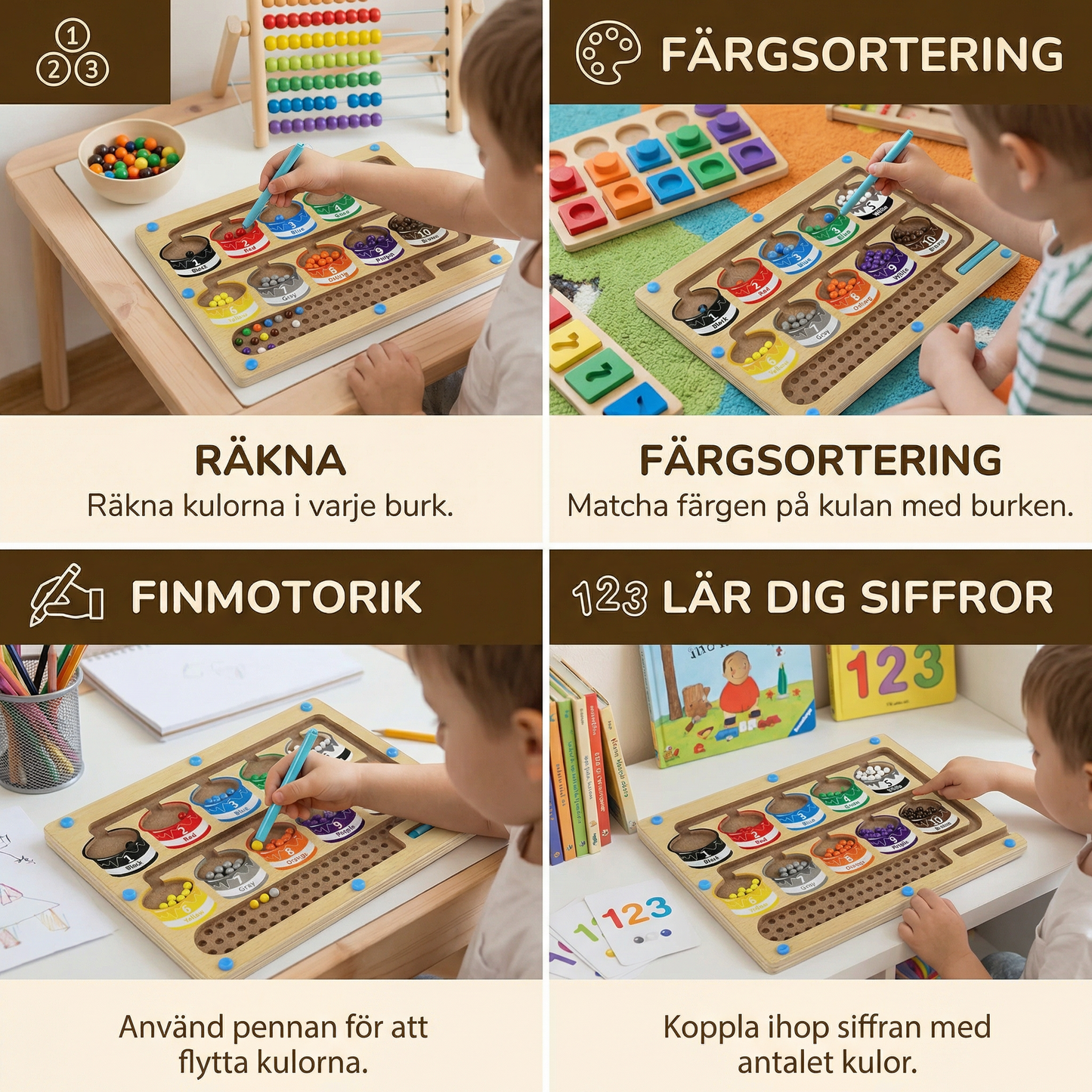 Magnetisk räknebräda i trä | Färgsorteringsspel med penna för tidig inlärning och finmotorik