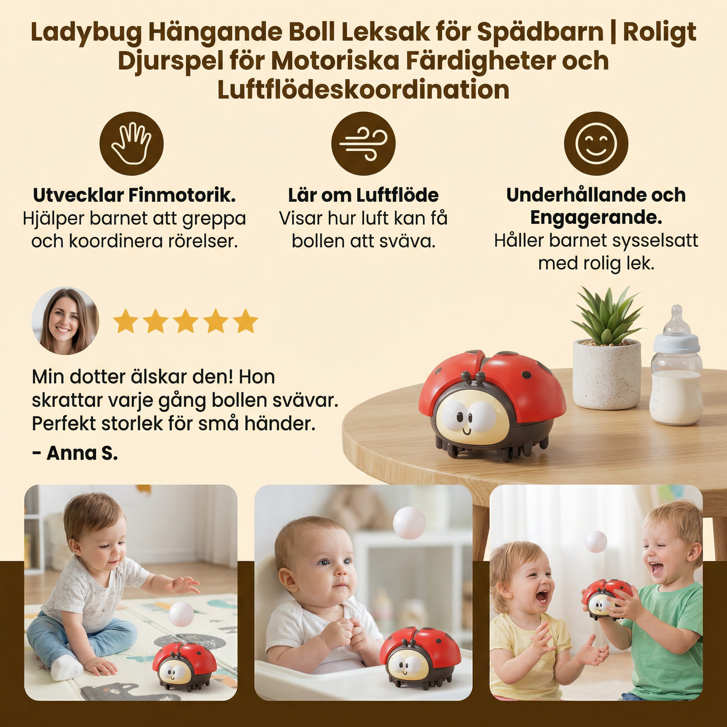 Ladybug hängande boll leksak för spädbarn | Roligt djurspel för motoriska färdigheter och luftflödeskoordination