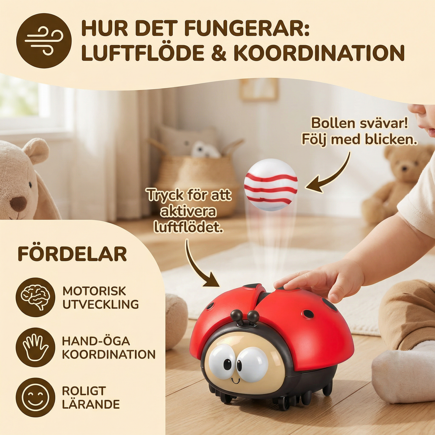 Ladybug hängande boll leksak för spädbarn | Roligt djurspel för motoriska färdigheter och luftflödeskoordination